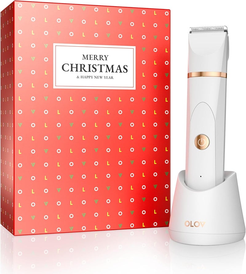 OLOV Electric Body Hair Trimmer - Groin Trimmer for Men - Bikini Trimmer Women - Wet/Dry Shaver Groomer, Replaceable Ceramic Blade Heads, USB Recharge Dock, Hygiene Razor, Christmas Gift Wrapping, White - Image 1